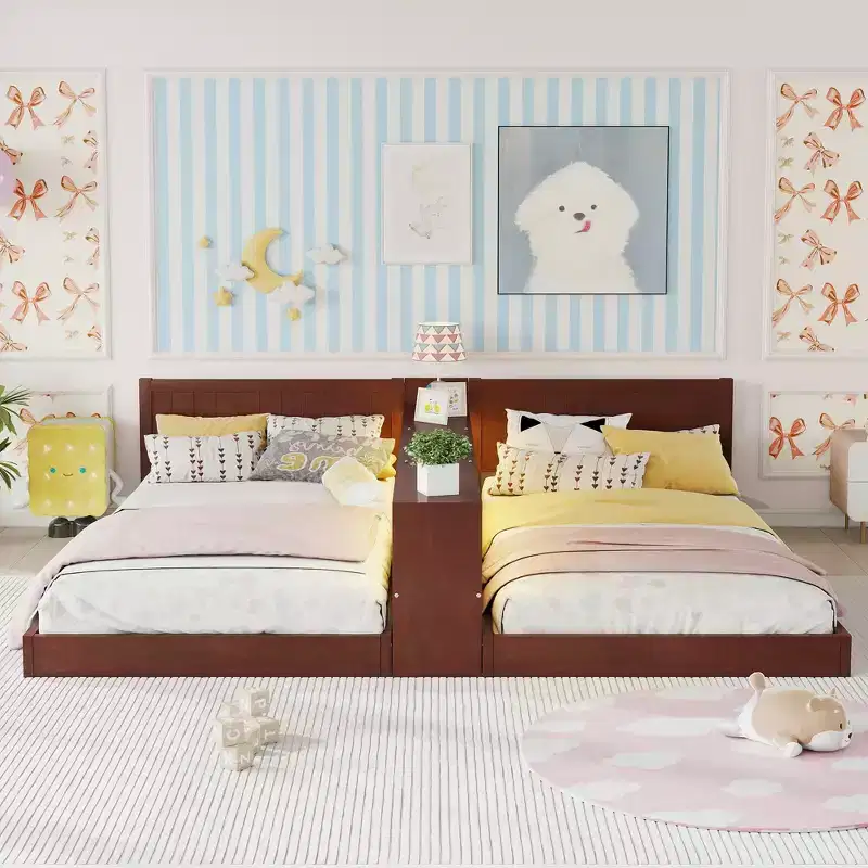 ModernLuxe Double Twin Size Bed Frame with Storage, LED Lights & Charging Station, Convertible 2 Twin Kids Beds