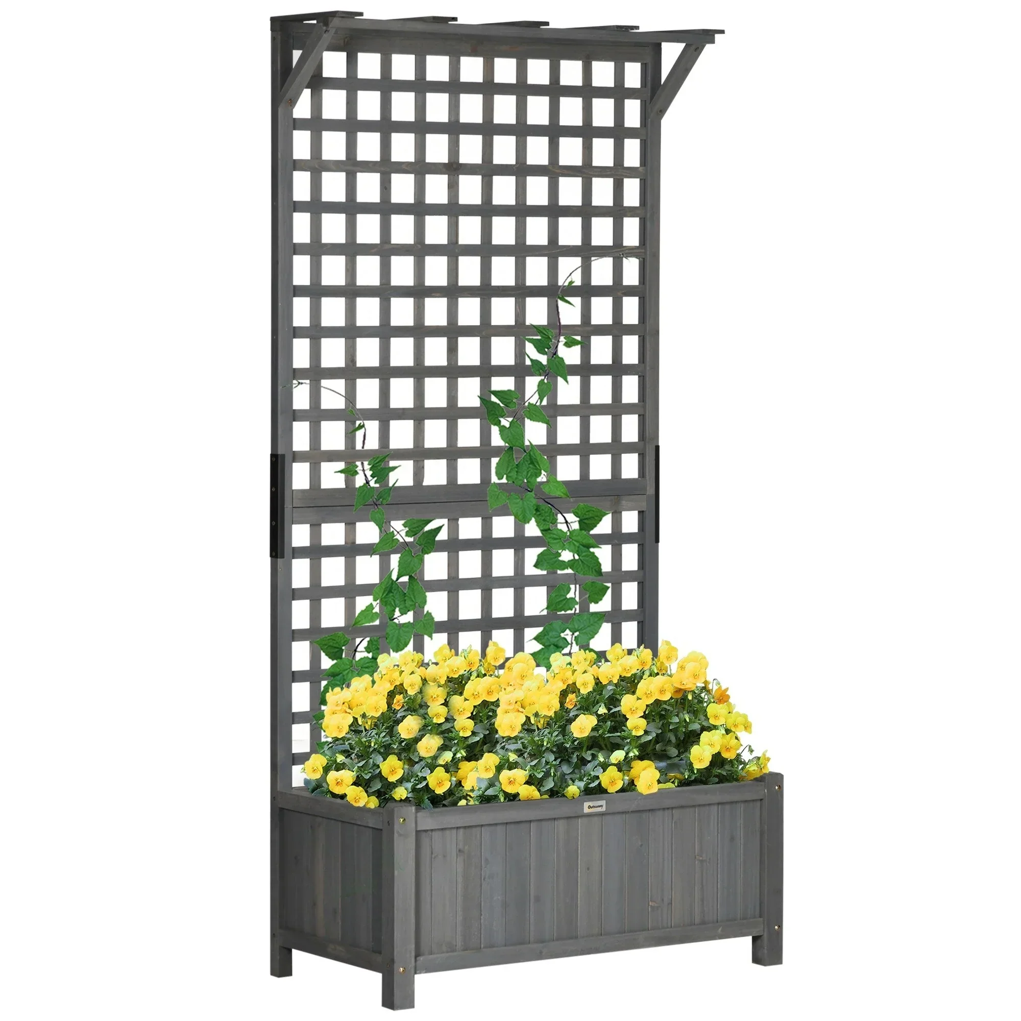 Wood Planter with Trellis, Raised Garden Bed for Climbing Plants w/ Drainage Holes and Roof