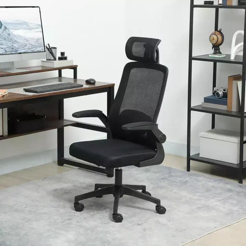 Mesh Office Chair, Ergonomic Desk Chair with Flip-up Armrest, Rotatable Headrest, Adjustable Lumbar Support