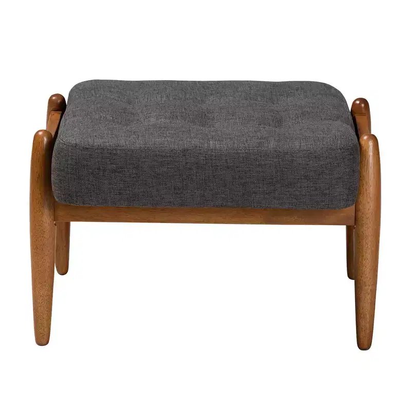Fabric And Wood Ottoman Footstool Dark Gray/Walnut Brown - Japandi Inspired, Rubberwood Frame, Button-Tufted
