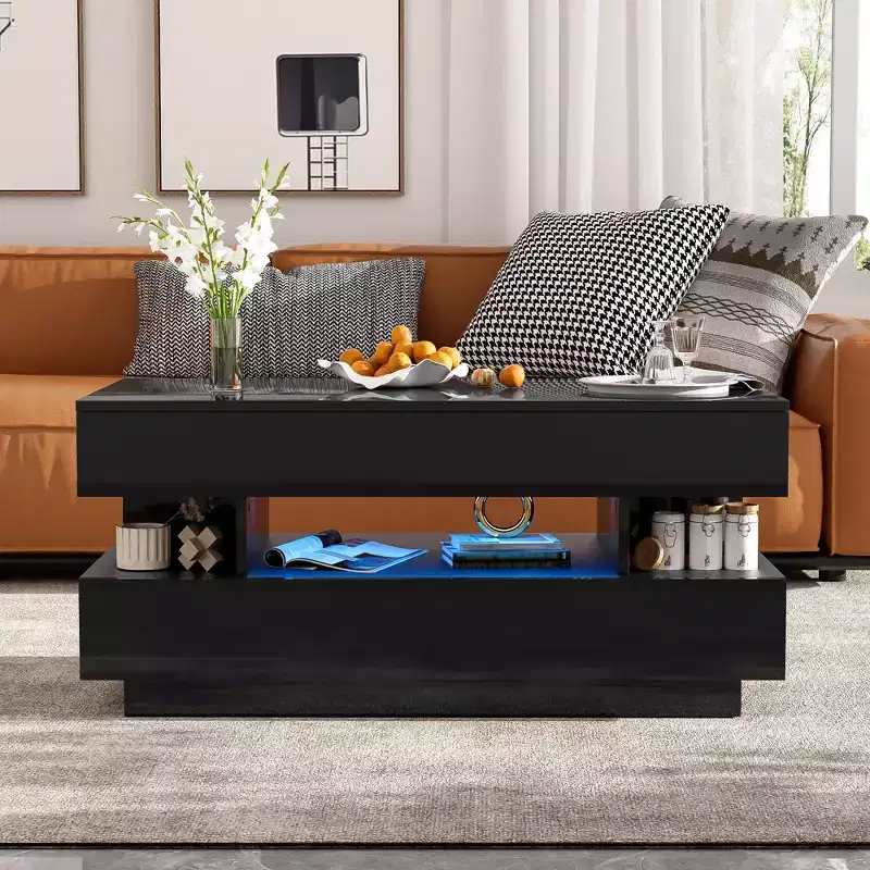 Lift-Top Coffee Table with 2 Drawers&LED, Modern Cocktail Table Sofa Side Table Storage Center Table with Hidden Compartment, White/Black - ModernLuxe