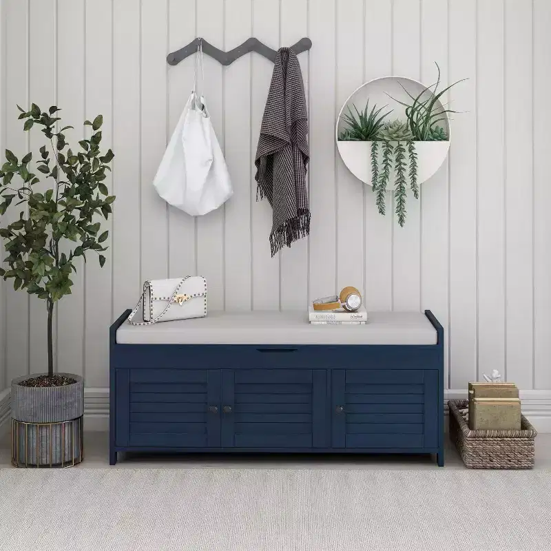 Antique Navy / Espresso / White Storage Bench with Cushion, 3 Shutter Doors, 1-Seat
