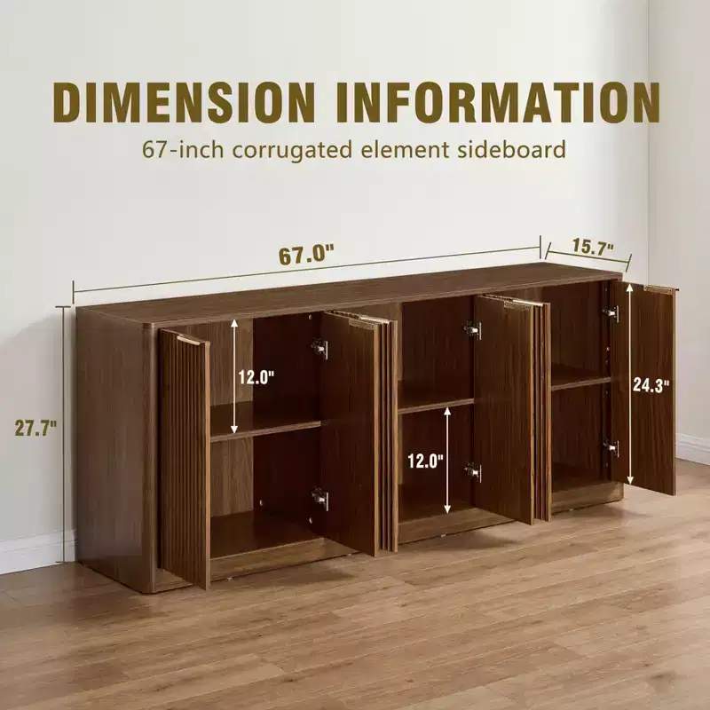 JVNOXK 67 Walnut Wave-Design Storage Cabinet with 6 Doors for Living Room & Kitchen