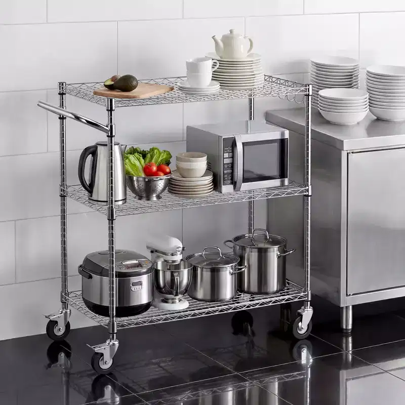 VEVOR Kitchen Utility Cart, 3 Tier Heavy Duty Adjustable Wire Storage Rack, Commercial Steel Rolling Service Trolley on Wheels, Silver