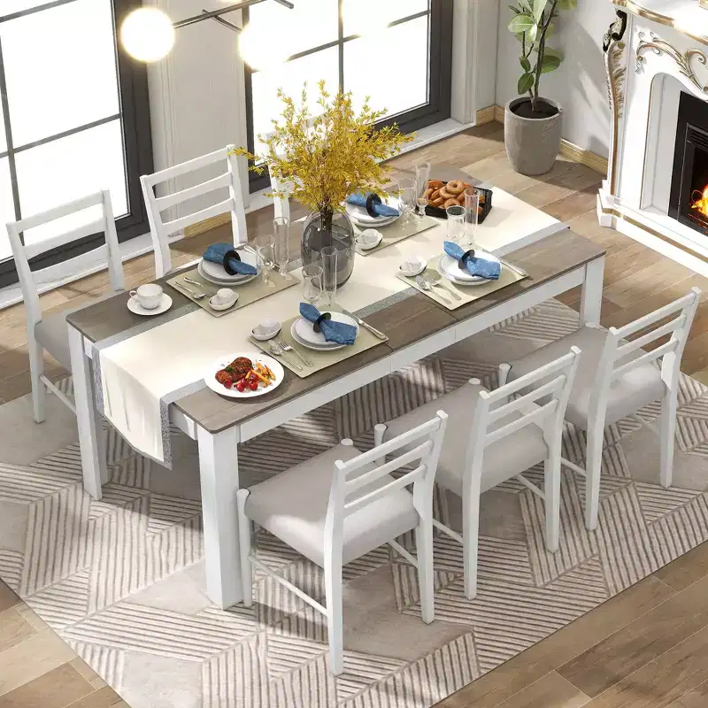 Whisen 7-Piece Wooden Dining Table Set Mutifunctional Extendable Table,12 Leaf and 2 Drawers, 6 Dining Chairs