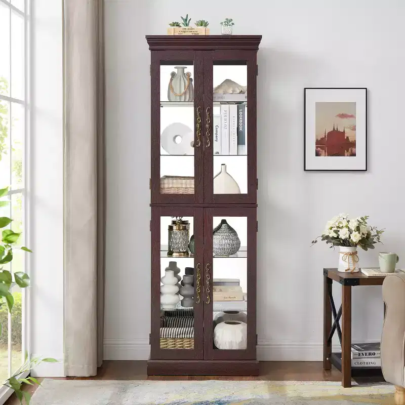 Lighted Glass Curio Display Cabinet with Adjustable Shelves, High-Quality Hinge, and Vintage Handles