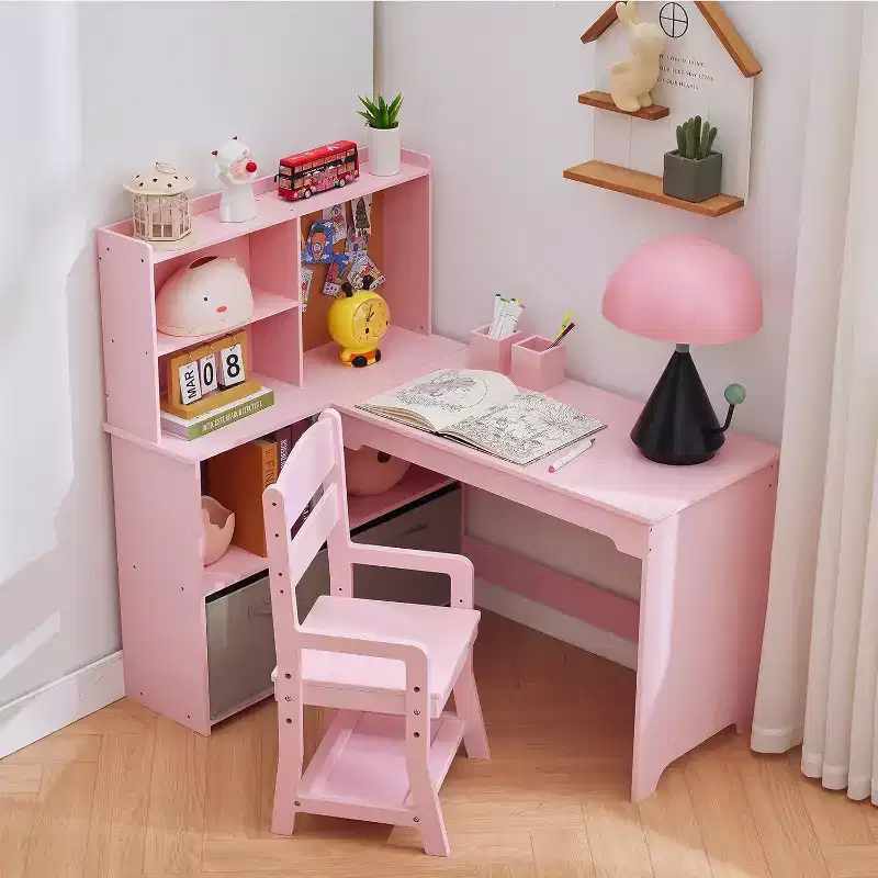 Acekool Kids L-Shaped Corner Desk and Chair Set, Study Table with Bulletin Board, Open Shelves, Storage Cabinets & Cloth Drawers, White