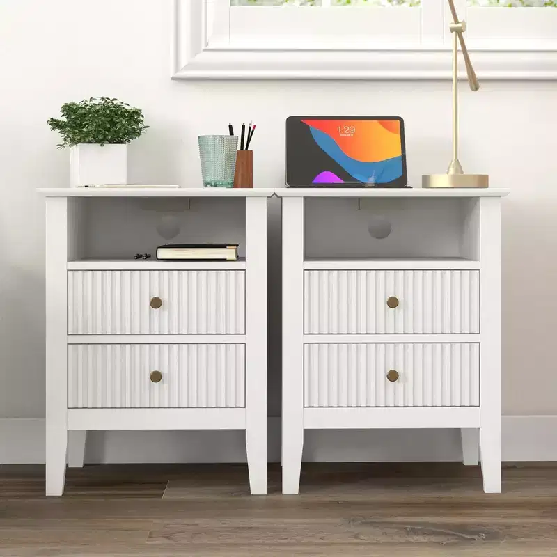 Fluted Nightstand, Wooden End Table Set with 2 Storage Drawers and Charging Station for Bedroom or Home Office, Set of 2, White