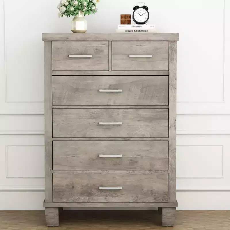 Dresser for Bedroom with 6 Drawers, 45 Tall Grey Chests of Drawers with Storage, Large Drawer Dresser for Closet, Wooden Storage Cabinet for Entryway