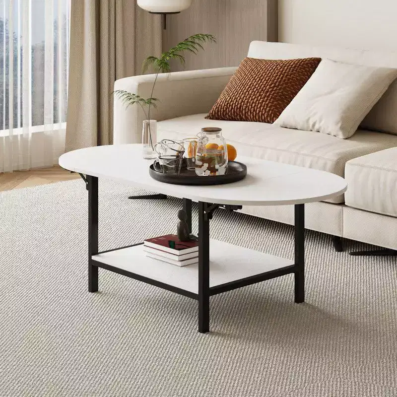 Convertible Coffee Table, Extendable Square to Oval with Storage Shelf, Space-Efficient Living Room