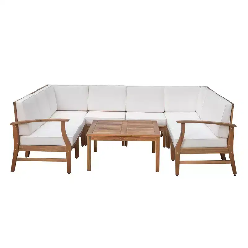 GDFStudio Abena Outdoor Acacia Wood 8 Seater U-shaped Sectional Chat Set with Cushions