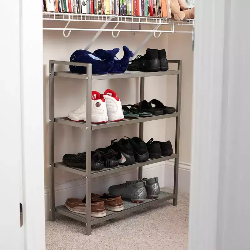 4-Tier Metal Shoe Rack, Stretched Metal Shelving with Center Supports, Durable Frame with Handles, 12 Pair Capacity, Nickel