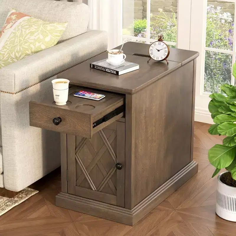 Classic Side Table, End Table with Charging Station, Drawer, Storage Cabinet for Living Romm & Bedroom - ModernLuxe