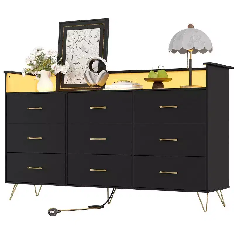 9 Drawer Wooden Dressers with LED Lights & Charging Station, Wood Chest of Drawers with App Control, Storage Cabinet for Living Room, Closet