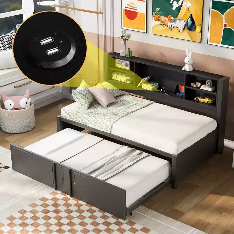 Whisen Metal Twin Size Daybed with Twin Size Trundle, Storage Shelves and USB Ports