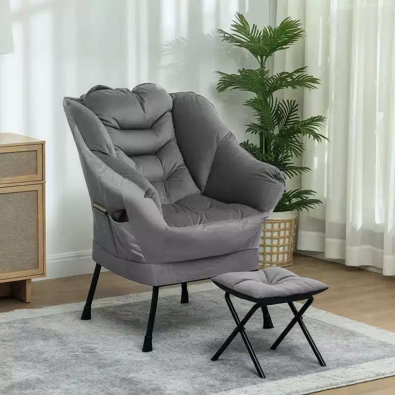 HOMCOM Lazy Chair with Ottoman Set, Fabric Upholstered Lounge Accent Chair with Armrests, Side Pockets
