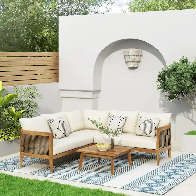 Burchett Outdoor Acacia Wood and Round Wicker 5 Seater Sectional Sofa Chat Set with Cushions by Christopher Knight Home