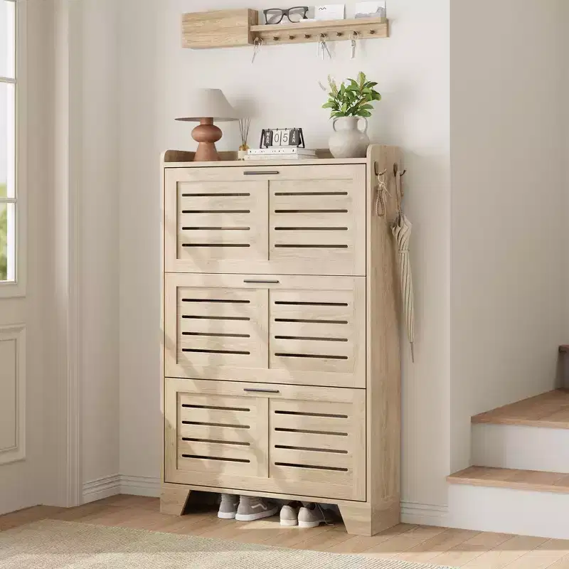 Shoe Storage Cabinet with 3 Flip Drawers, Freestanding Shoe Organizer Storage for Entryway with 2 Side Hooks, Hidden Slim Narrow Shoe Rack Cabinet