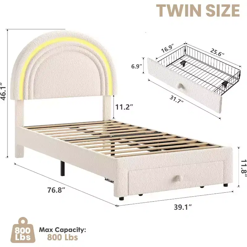 Twin Upholstered Bed Frame with Storage Drawer and Rainbow Headboard for Kids, Solid Wood Slat Support, No Box Spring Needed, Easy Assembly