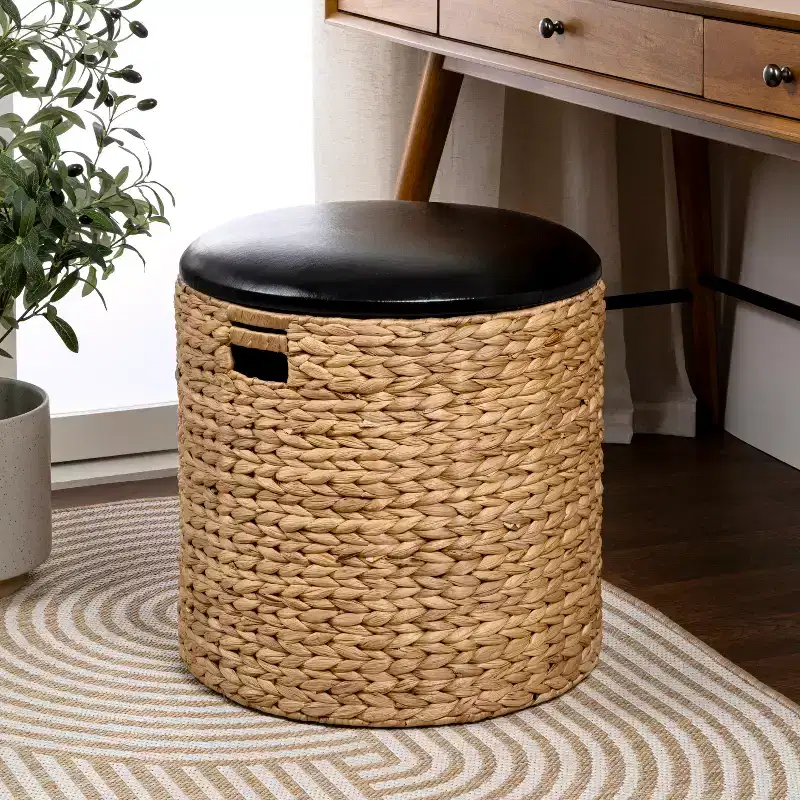 happimess Josie 18 Modern Coastal Hand-Woven Hyacinth Storage Ottoman with Lid