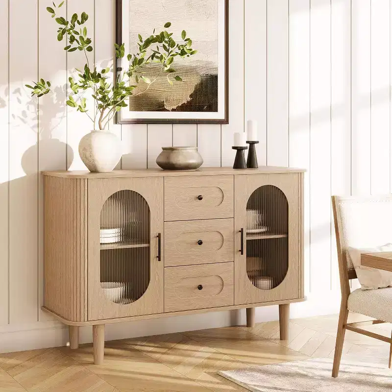 47.2 Sideboard Cabinet with 2 Fluted Glass Doors & 3 Drawers, Modern Farmhouse Accent cabinet with Adjustable Shelves for Kitchen, Living Room