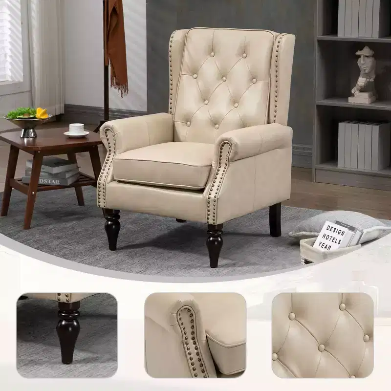 Wood Frame Armchair, Sturdy Wood Legs, Living Room Bedroom, Black PU