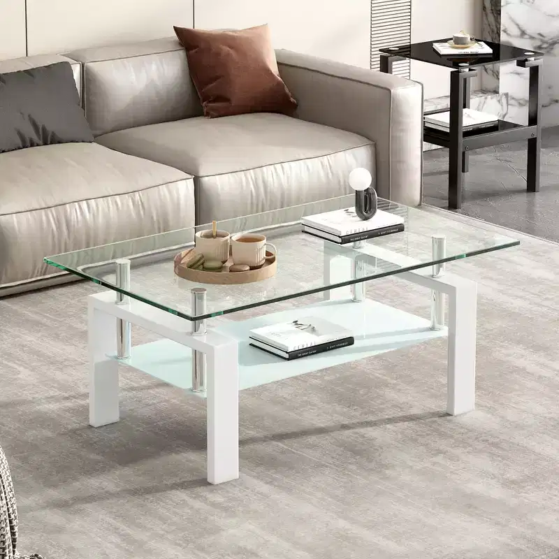 Tempered Clear Glass Coffee Table, 2-Layers Living Room Center Table