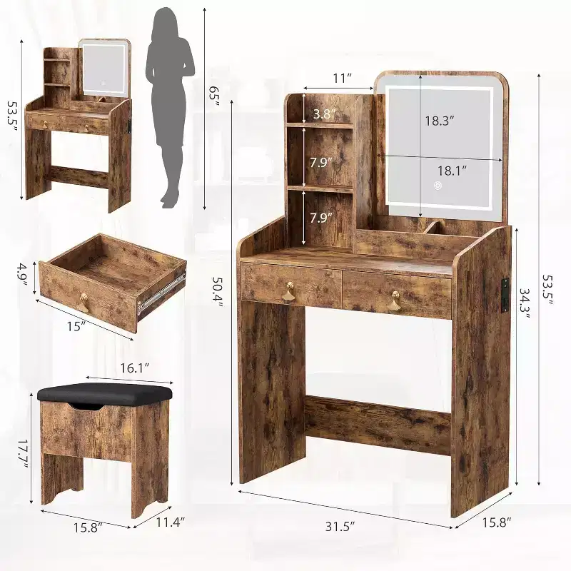 Vanity Desk with Mirror, Small Makeup Vanity Table Set with Storage Drawers & Chair, 3 Lighting Modes, Dressing Table for Women Girls