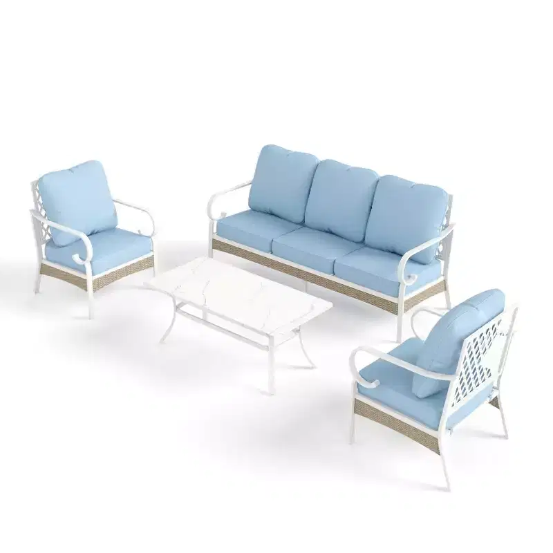 Captiva Designs 4pc Extra Large Metal and Rattan Outdoor Patio Conversation Set with Grid-back Armchairs and Table