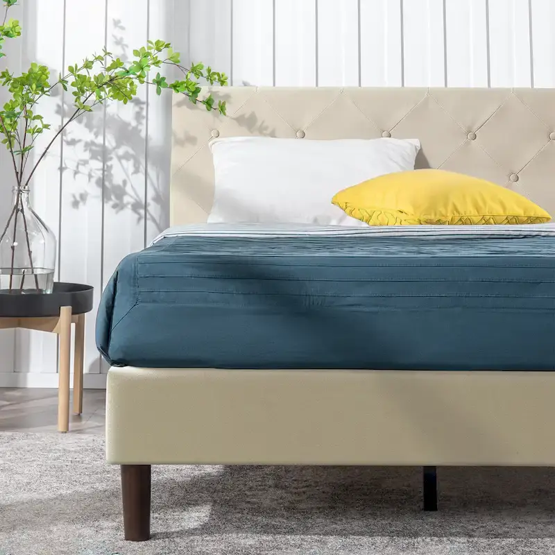 Beige Upholstered Diamond Stitched Platform Bed Frame