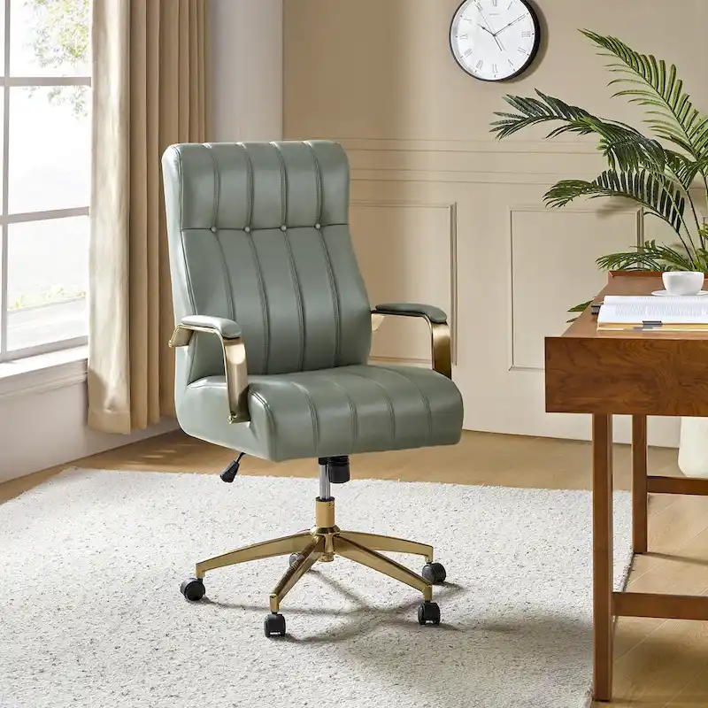Mid-Century Modern Vegan Leather Swivel Tilting Office Chair with Channel Tufted and Metal Feet