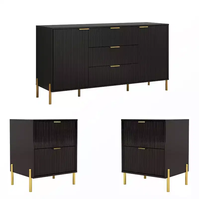 Festivo 3pc Modern Elegance 2 Drawer Nightstands and 3 Drawer Dresser Set Black