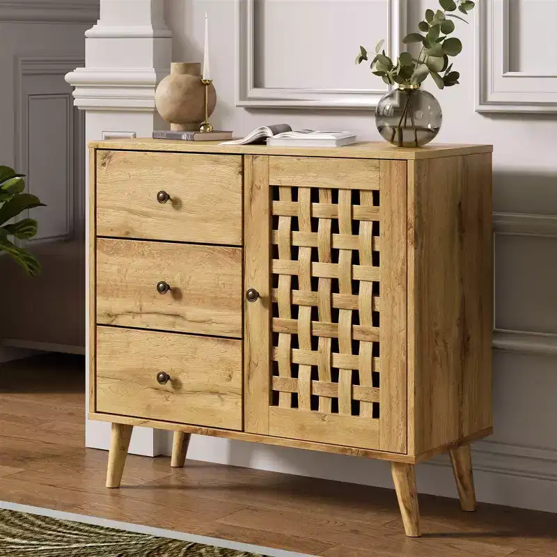 Storage Cabinet , Coffee Bar with Adjustable Shelves, Vintage Buffet Sideboard, Natural Wood
