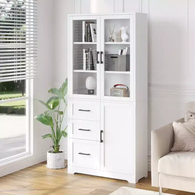66.9in.H White Display Cabinet Storage Cabinet with 3 Doors 3 Drawers 5 Shelves Modern Style