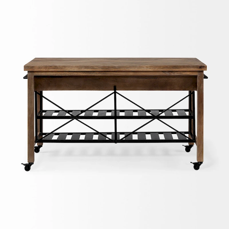 Stuart I Brown Solid Wood Top Two-Tier Black Metal Rolling Kitchen Island - 28.0L x 60.0W x 34.0H