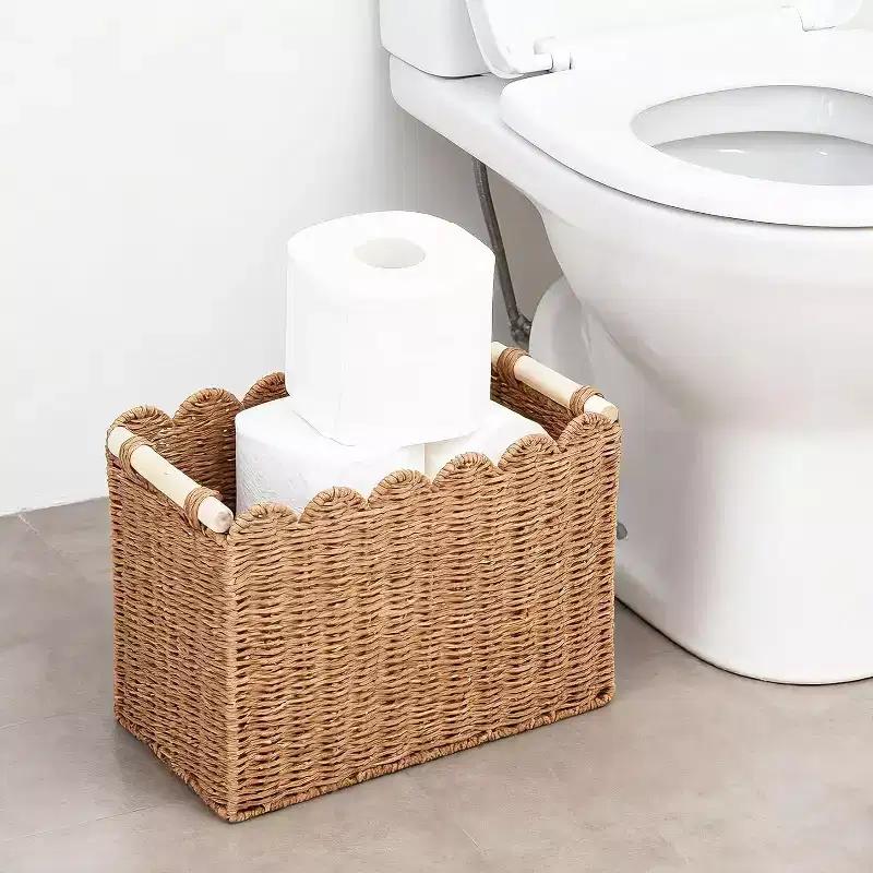 2-Pack Scalloped Wicker Baskets, Paper Rope Storage Bins with Handles for Toilet Paper Bathroom Shelves Countertop Organization, Small+Large