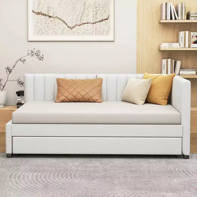 Bellemave Twin Size Upholstered Daybed with Trundle Bed,Twin Day Bed Frame with Armrest,Sofa Bed for Living Room Bedroom,Beige
