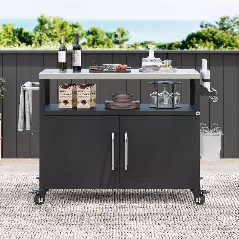 54.5 Outdoor Kitchen Island with Stainless Steel Tabletop, Spice Rack & Towel Rack, BBQ Grill Cart with Lockable Wheels, Black