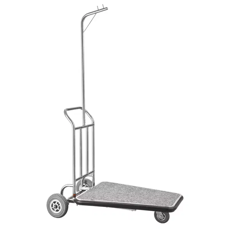 VEVOR Luggage Cart, 600 LBS Load Capacity, 3 Wheel Stainless Steel Bellman Cart, Valet Cart with Grey Carpeted Deck and Rubber Wheels, Silver