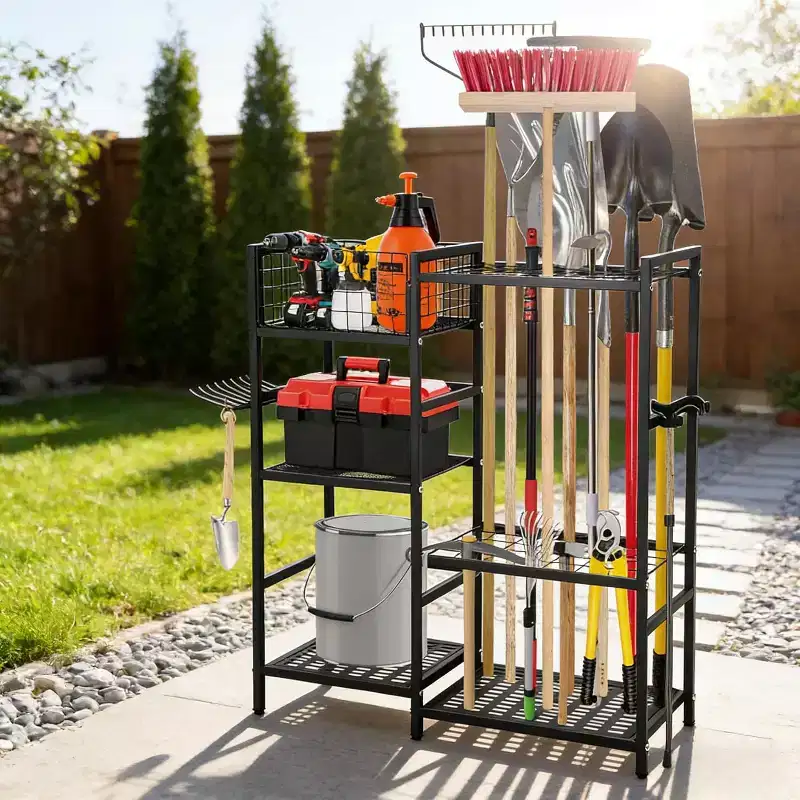 3-Tier Heavy Duty Garden Tool Organizer Rack - 35 Slots & Hooks, Steel, for Garage & Shed