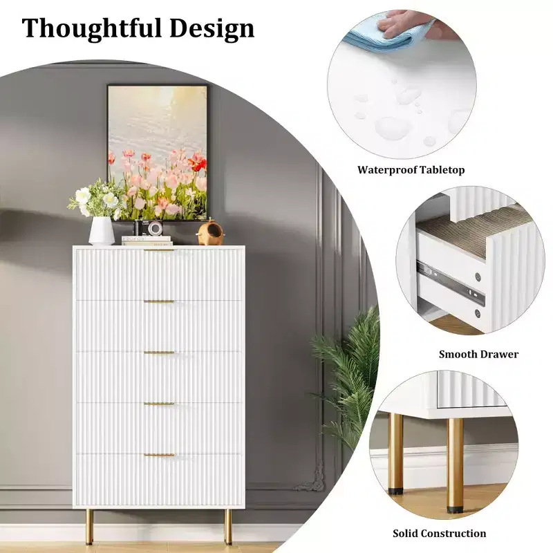 Fluted 5-Drawer Wood Dresser, Tall Chest of Drawers for Bedroom, White