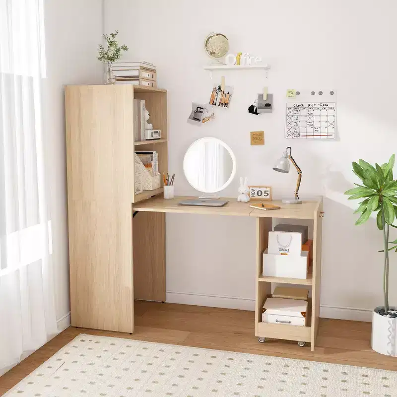 Extendable Desk with Storage Shelves & Casters, Foldable Design, Burlywood
