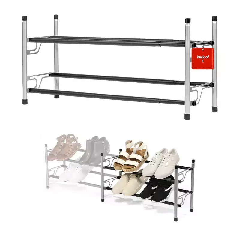 2 Tier Shoe Rack Silver with Black Rough Bars