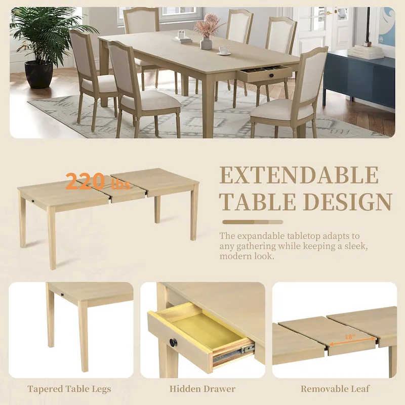 7 Pcs Dining Table Set, Solid Wood Table and Chairs Set with Extendable Dining Table, 2 Drawers and 6 Upholstered Chairs