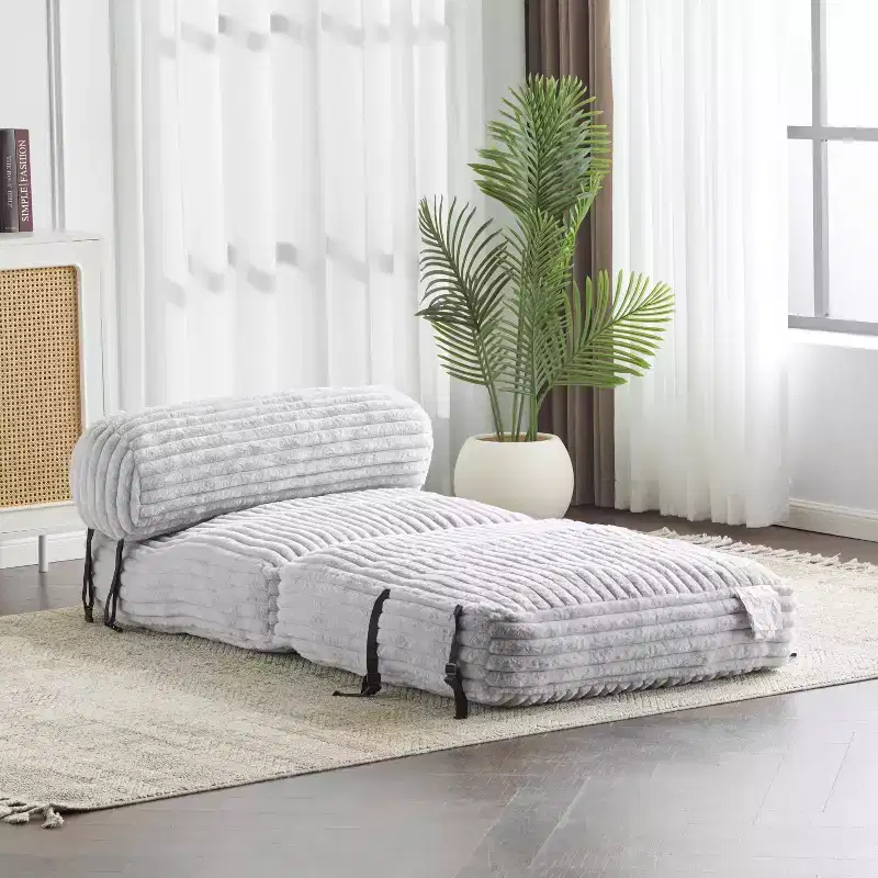 Modern Foldable Faux Fur Bean Bag Convertible Lounge Bed with Pillow