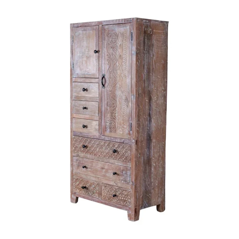 Antique White / Brown Solid Wood Armoire with 7 Drawers & 2 Doors