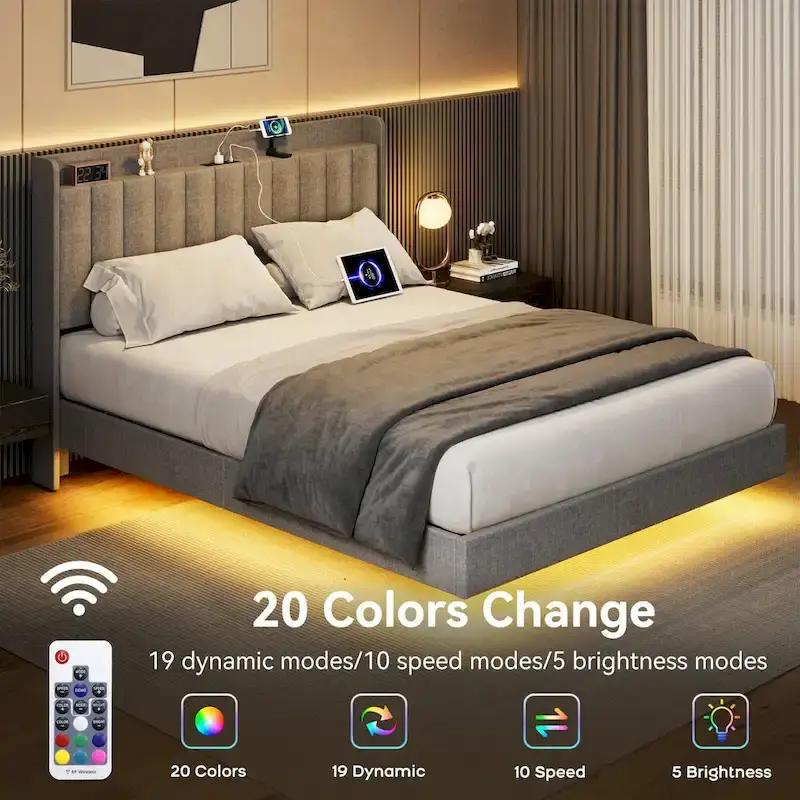 Modern Upholstered Floating Bed Frame with LED Lights