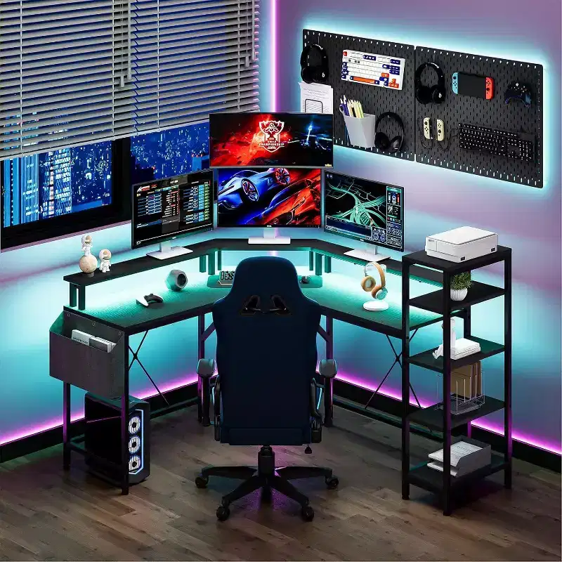 62 L-Shaped Computer Desk with Power Outlets, LED Lights, Monitor Stand & Storage Shelves, Ergonomic Corner Desk for Home Office