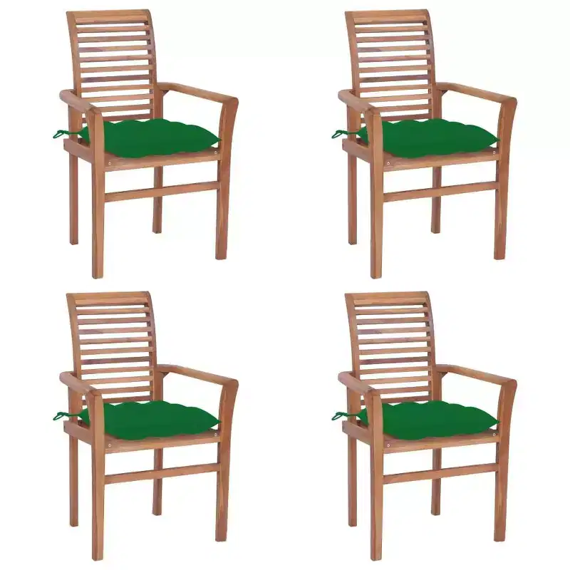 vidaXL Patio Dining Chairs 4 Pcs with Green Cushions - Solid Wood Teak - Stackable Outdoor/Indoor Furniture