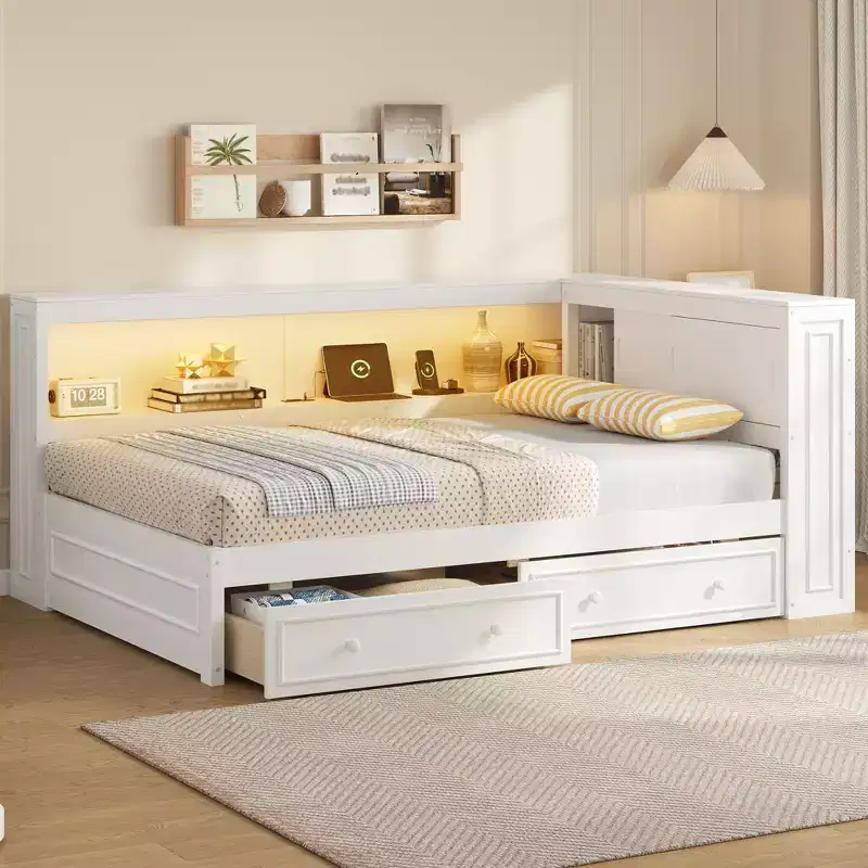 Full Size Corner Bed with Storage Drawers, Bookcase, L Shaped Wood Day Bed Frame with Bookcase Headboard for Living Room